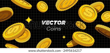 Bright golden coins are falling or flying in dark background. Cartoon money in flat style. Use for gambling games, jackpot, bank, financial illustration or banners. Vector. Isolated elements.