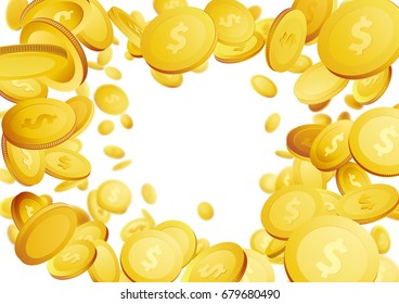 Bright golden coins flying over white background - frame. Vector illustration