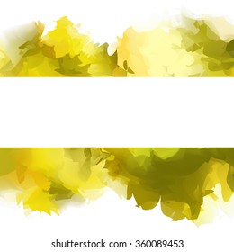 Bright golden color of autumn foliage large flow of watercolor stains isolated on white background with white frame for text.