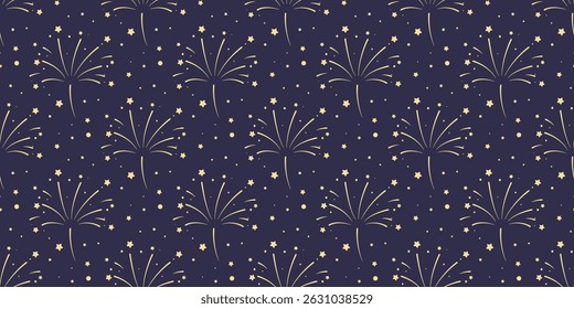 Bright golden explosions of fireworks on blue night sky background. Seamless pattern with festive fireworks. Print, vector graphics