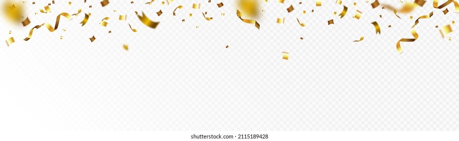 Bright golden festive tinsel. Falling shiny confetti. Holiday design elements, postcards and invitations.