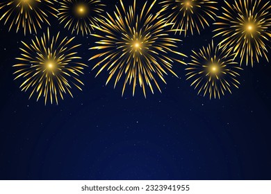 Bright golden fireworks on a dark blue background. Fireworks of gold in the night starry sky. Festive gold in the sky. Background for festive design, party. Vector illustration
