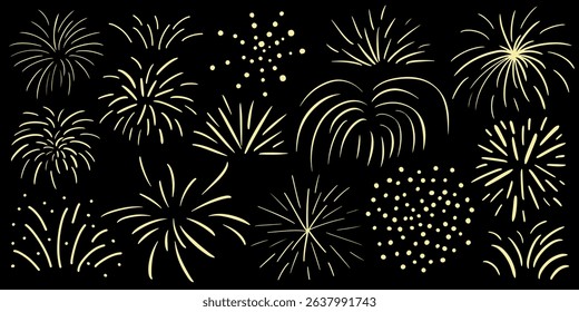 Bright golden fireworks vector set. Festival lights on black background hand drawn set