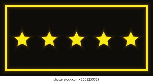 Bright golden five star rating icon with glowing neon effect on a black background. Ideal for reviews, feedback, quality assurance, and customer satisfaction concepts in e-commerce platforms.