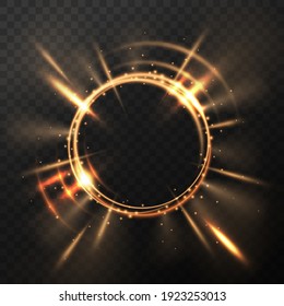 Bright Golden Flash. Explosion Or Blast Wave. Rotating Rings With Shine Rays. Solar Light Effect