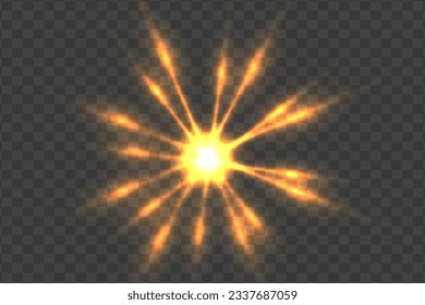 Bright golden flash. Explosion or blast wave. Rotating rings with shine rays. Solar light effect