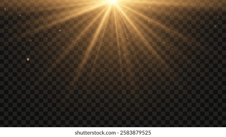 Bright Golden Flash of Light Effect on Transparent Background. Star Sun Lens Flare Light Effect with Rays and Glare. Light Yellow Golden Blurry Effect. Vector Illustration for Graphic Design.