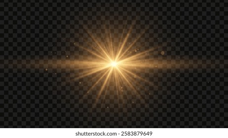 Bright Golden Flash of Light Effect on Transparent Background. Star Sun Lens Flare Light Effect with Rays and Glare. Light Yellow Golden Blurry Effect. Vector Illustration for Graphic Design.