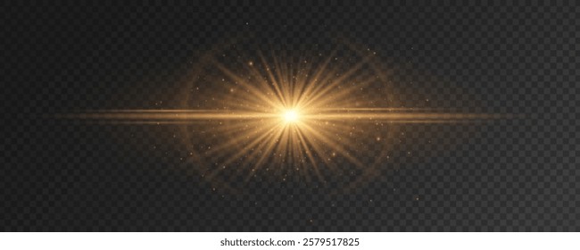 Bright golden flash with rays. Abstract light effect with glowing particles and glares on a dark transparent background. Vector illustration. EPS 10