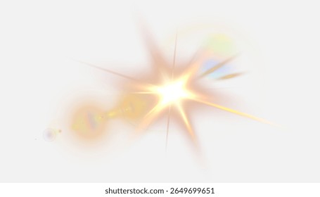 Bright golden flash with soft glow and rainbow highlights on white background png. Vector light effect for digital designs, magic scenes, games and futuristic illustrations.