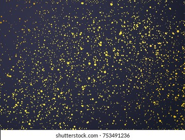 Bright golden foil particle pattern over dark blue background layout. Gold glitter dust powder abstract template. Vector illustration