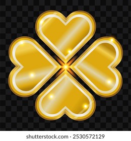 Bright golden four-leaf clover with heart-shaped leaves and glowing center, symbolizing luck and love on a transparent background