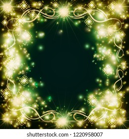 bright golden frame on the background of snowflakes for the design of a postcard. Brilliant background for decoration with a pattern and flashes of light