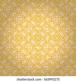 Bright golden geometrical seamless pattern in tribal style. Vector background. Colorful, symmetrical design for banner, fabric, wallpaper or other purpose. Plain tessellated repeatable backdrop.