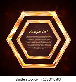 Bright golden hexagon on a dark background. Luxury gold vector illustration. Easy to edit design template for your business projects.