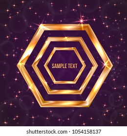 Bright golden hexagon on a dark purple background with sparkling stars and particles. Luxury gold vector illustration. Easy to edit design template for your business projects.