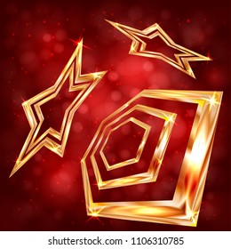 Bright golden hexagon and stars on a red blurred background with bokeh. Luxury gold vector illustration. Cosmic backdrop. Easy to edit design template for your artworks.