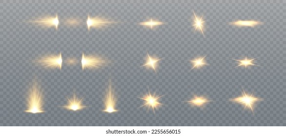 Bright golden horizontal highlights. Laser beams, horizontal beams of light. Beautiful light flashes. Glowing stripes on a dark background. Glowing abstract sparkling background.