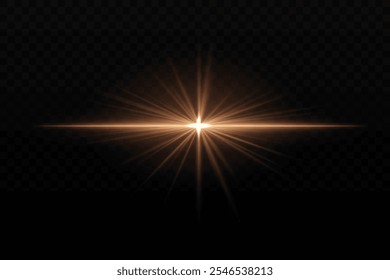 Bright golden light burst with star-like rays and horizontal beam. Sci-fi glare effect, creating a glowing focal point on dark background