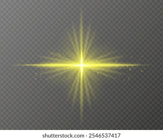 Bright golden light burst with star-shaped rays, sparkling particles, and a horizontal glow on a transparent background. Ideal for adding a radiant flash or glare effect