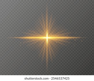 Bright golden light burst with star-shaped rays, sparkling particles, and a horizontal glow on a transparent background. Ideal for adding a radiant flash or glare effect