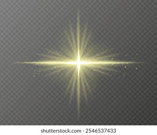 Bright golden light burst with star-shaped rays, sparkling particles, and a horizontal glow on a transparent background. Ideal for adding a radiant flash or glare effect