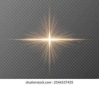 Bright golden light burst with star-shaped rays, sparkling particles, and a horizontal glow on a transparent background. Ideal for adding a radiant flash or glare effect