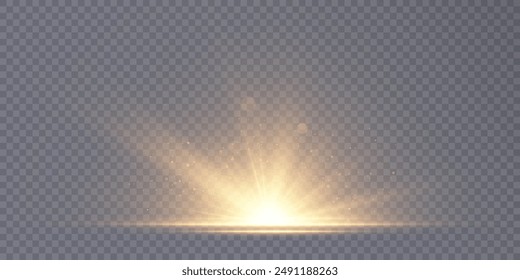 A bright golden light effect with deep highlights and multiple rays. Bright sun. Effect of a bright star. Vector for web design