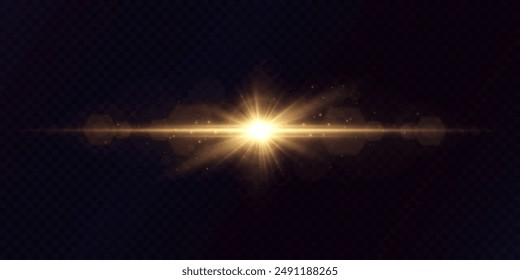 A bright golden light effect with deep highlights and multiple rays. Bright sun. Effect of a bright star. Vector for web design