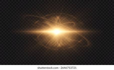 A bright golden light effect with deep highlights and multiple rays. Bright sun. Effect of a bright star. Vector for web design