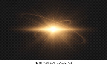 A bright golden light effect with deep highlights and multiple rays. Bright sun. Effect of a bright star. Vector for web design