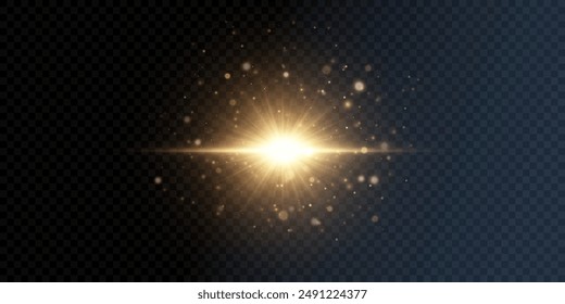 Bright golden light effect with rays and highlights. Vector