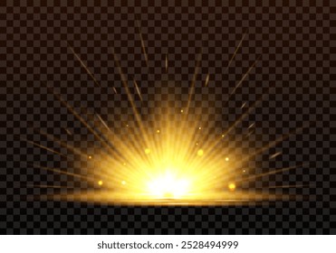 A bright golden light effect, sunrise, sunrays, burst, star. Highlights and multiple realistic rays. Isolated abstract effect on dark background for web designs, new year, birthday, concerts and etc. 