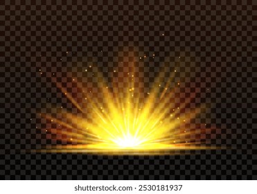 A bright golden light effect, sunrise, sunrays, burst, star. Highlights and multiple realistic rays. Isolated transparent effect on dark background for web designs, new year, birthday, concerts.