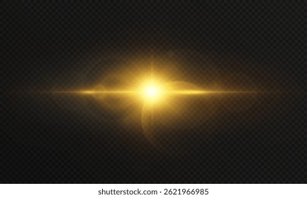 Bright golden light flash with starburst and soft glow rays on transparent background. Suitable for explosion effects, lens flares, highlights, and energy visuals.

