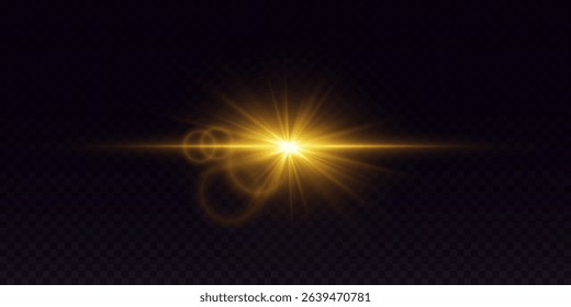 Bright golden light, sparkling with star glare and lens reflection. On a transparent background.
