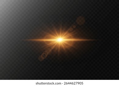 Bright golden light, sparkling with star glare and lens reflection. On a transparent background.