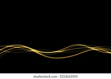 Bright golden light streaks curve dynamically over a dark black background, creating a sleek and elegant design