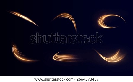 Bright golden light trail with smooth curve and glow isolated on dark background, suitable for speed effects design for combat graphics of magic and energy flashes.