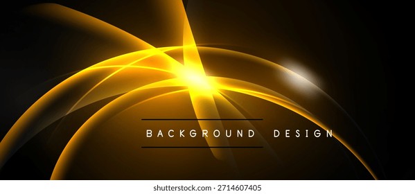 Curva de linhas douradas brilhantes, interseção. O centro brilha intensamente. Fundo escuro enfatiza elementos de design radiantes. O texto simples lê o design do plano de fundo.
