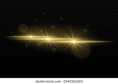 Bright golden neon light with glare and lens flare effects. Three focused light beams with radiant glow and bokeh particles on a dark background