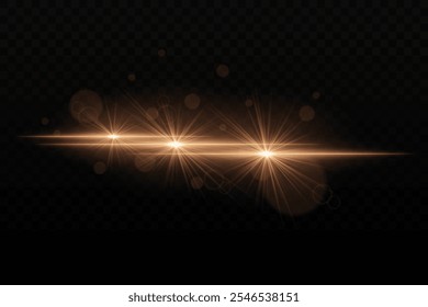 Luz de néon dourada brilhante com brilho e efeitos de flare de lente. Três feixes de luz focados com brilho radiante e partículas de bokeh em um fundo escuro