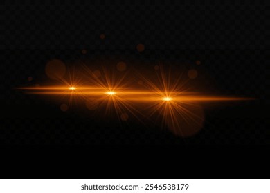 Bright golden neon light with glare and lens flare effects. Three focused light beams with radiant glow and bokeh particles on a dark background
