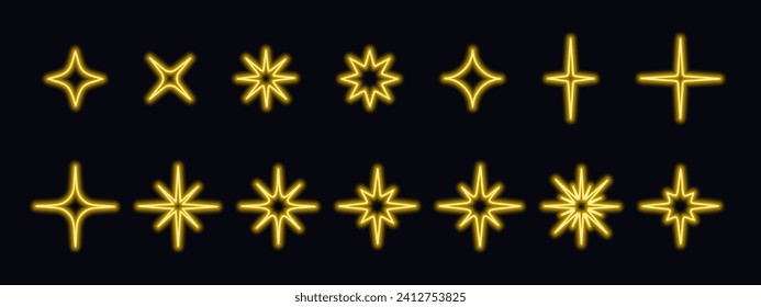 Bright golden neon stars, sparkles, twinkles, blings icons isolated on dark background. Illuminated led signs for disco music party, night club, casino, cinema, cafe. Modern shiny signboards.