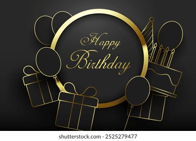 Símbolos de cumpleaños de contorno dorado brillante Símbolos de cumpleaños decorativos abstractos digitales geométricos modernos Celebración de cumpleaños feliz Fondo negro, tarjeta de felicitación de cumpleaños y Ilustración vectorial de Anuncio.