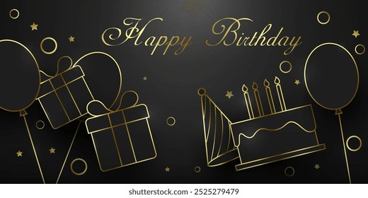 bright golden outline birthday symbols decorative abstract digital geometric modern happy birthday celebration black background, birthday greeting card and banner vector illustration.