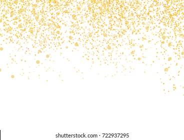 Bright golden particle glittering and shimmering abstract background. Isolated Confetti falls over white layout. Club Party Card template. Vector illustration