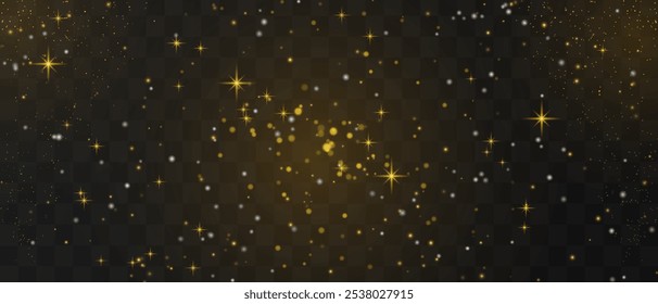 Bright golden particles gently falling with star, night stary sky, creating a magical and festive atmosphere. Glittering particles on a transparent background. Light with flares