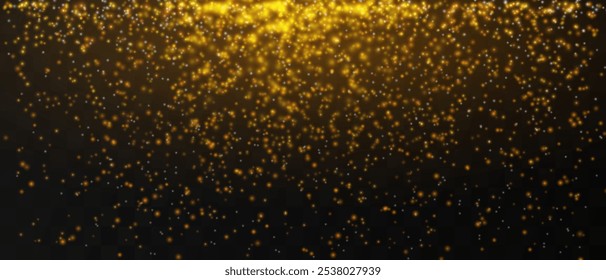 Bright golden particles gently falling on a dark background, creating a magical and festive atmosphere. Glittering particles on a transparent background. Light with flares