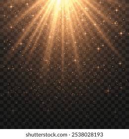 Bright golden radiant light burst with sparkles and glittering particles on a transparent background, creating a festive effect. Light with flares Sun rays of dawn. Wallpaper